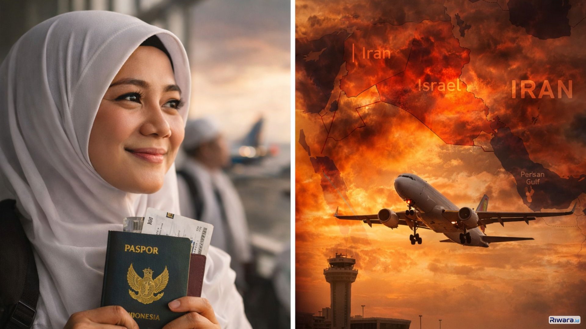 Kolase Ilustrasi Ekspresi tenang jamaah umrah asal Tangerang saat bersiap pulang dari Tanah Suci, di tengah konflik Iran&ndash;AS&ndash;Israel yang terus memanas.